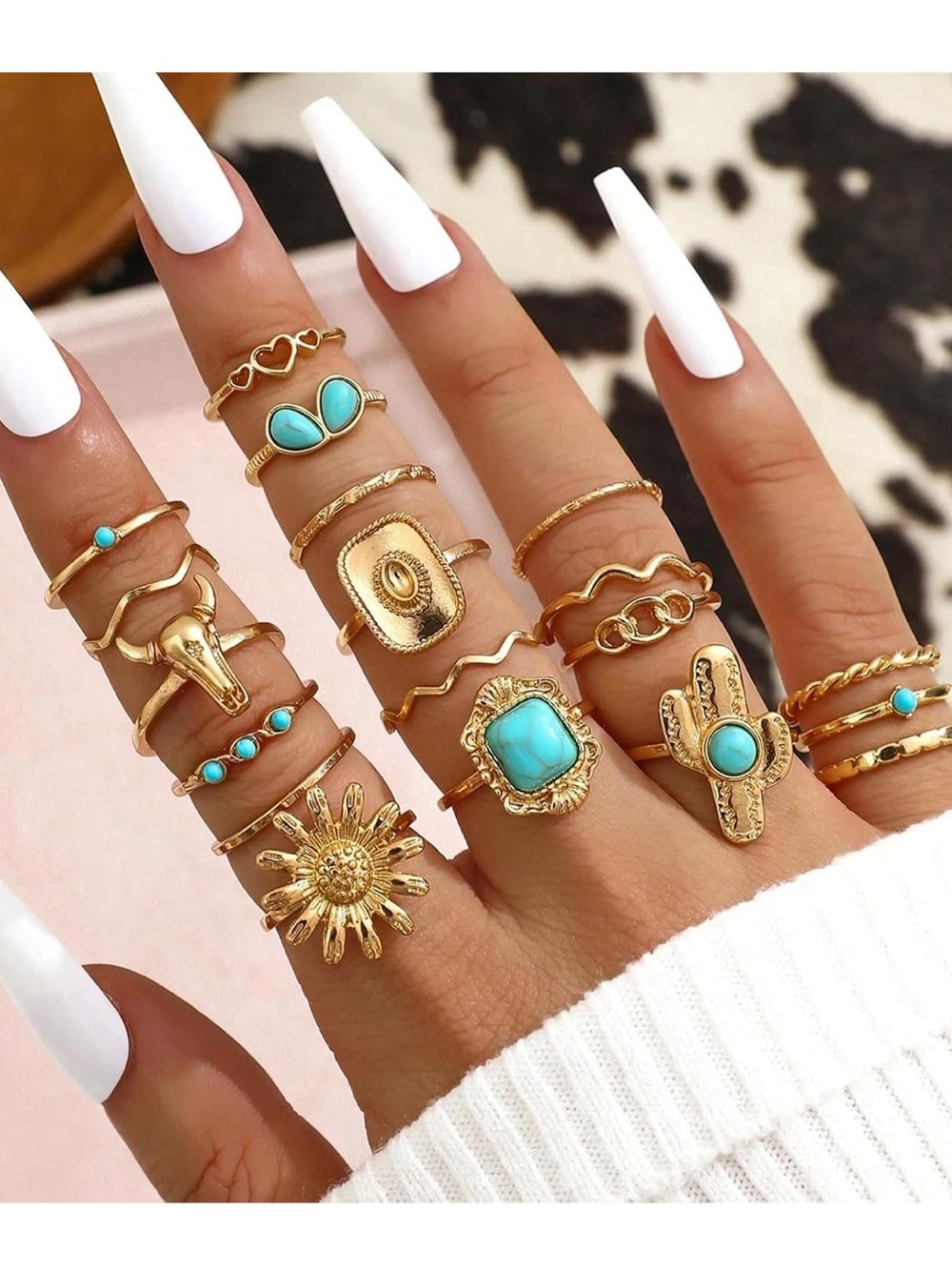 Anthropologie Gold & Turquoise Boho Stacking Ring Set
